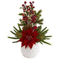 18" Poinsettia, Cactus and Holly Berry Christmas Artificial Arrangement in White Vase