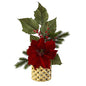 21" Poinsettia, Berries and Pine Artificial Arrangement in Gold Vase