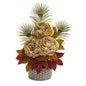 22" Peony and Peacock Feather Artificial Arrangement in Bowl with Gold Trimming