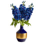 23" Delphinium Artificial Arrangement in Blue and Gold Designer Vase