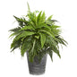23" Mixed Greens and Fern Artificial Plant in Tin Planter with Black Pattern
