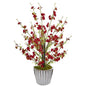 24" Cherry Blossom Artificial Arrangement in White Vase with Silver Trimming