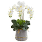 24" Triple Phalaenopsis Orchid Artificial Arrangement in Stoneware Vase with Gold Trimming