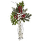 25" Wisteria, Iced Pine and Berries Artificial Arrangement in Glass Vase
