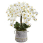 26" Phalaenopsis Orchid Artificial Arrangement in Stoneware Vase with Gold Trimming