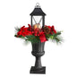 33" Holiday Christmas Berries and Poinsettia with Large Lantern and Included LED Candle Set in a Decorative Urn Porch Decor