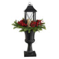 33" Holiday Greenery, Berries and Pinecones in Decorative Urn with Large Lantern and Included LED Candle Artificial Christmas Porch Décor