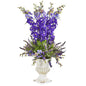 34" Delphinium and Lavender Artificial Arrangement in White Urn