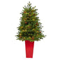 3.5'Yukon Mountain Fir Artificial Christmas Tree with 50 Clear Lights and Pine Cones in Red Planter