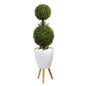 4'Double Boxwood Topiary Artificial Tree in White Planter with Stand (Indoor/Outdoor)