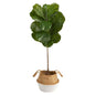 4'Fiddle Leaf Artificial Tree in Boho Chic Handmade Cotton & Jute White Woven Planter UV Resistant (Indoor/Outdoor)