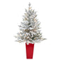 4'Flocked Fraser Fir Artificial Christmas Tree with 200 Warm White Lights and 481 Bendable Branches in Red Planter