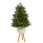 4'Washington Fir Artificial Christmas Tree with 50 Clear Lights in White Planter with Decorative Planter Stand