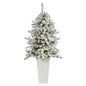 4.5'Flocked Livingston Fir Artificial Christmas Tree with Pine Cones and 150 Clear Warm LED Lights in Tall White Planter