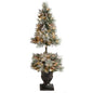 5'Flocked Artificial Porch Christmas Tree with 100 LED Lights and 186 Bendable Branches in Decorative Urn