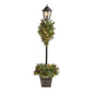 5'Holiday Pre-lit Decorated Lamp Post with Artificial Christmas Greenery, Decorative Container and 50 LED Lights Indoor Outdoor Patio Porch Decor