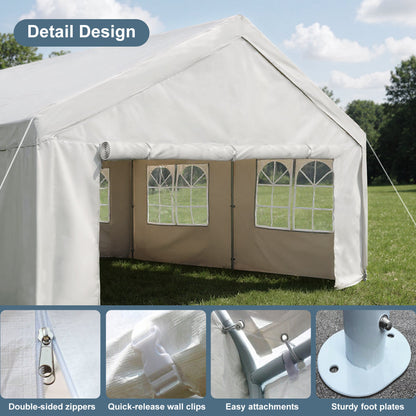 10×20 FT Carport Canopy & Party Tent | Heavy-Duty Gazebo with 4 Removable Sidewalls, UV & Water-Resistant PE Cover — White