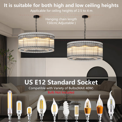 Water Ripple Crystal Glass Chandelier | 8/10-Light Modern Handmade Corrugated Glass Ceiling Light — Black or Gold, Round or Rectangular
