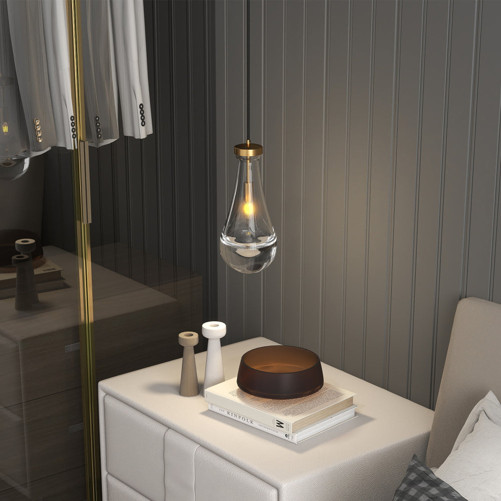 Raindrop Pendant Light – Hand-Blown Clear Glass Shade & Brass/Black Rod | Kitchen Island, Dining Room & Entryway