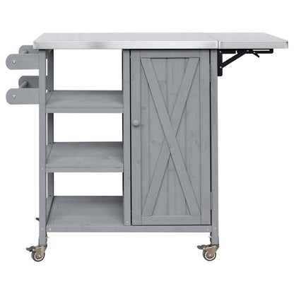 Foldable Outdoor Kitchen Island with Stainless Steel Top | Rolling Cart with Storage Cabinet, Open Shelves & Towel Rack — Grey