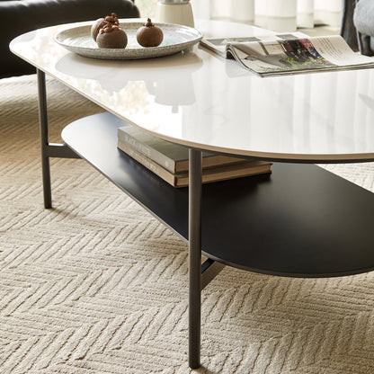Ceramic Sintered Stone Coffee Table with Walnut Shelf | 47" Double-Layer Living Room Center Table — White & Coffee Brown