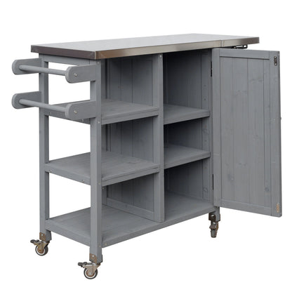 Foldable Outdoor Kitchen Island with Stainless Steel Top | Rolling Cart with Storage Cabinet, Open Shelves & Towel Rack — Grey
