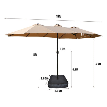 15×9 FT Double-Sided Patio Umbrella with LED Light & Base | Large Rectangular Market Umbrella with Crank & Wind Vents — Taupe