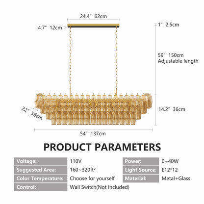 Tiered Smoke Glass Chandelier | 14-Light Round or 12-Light Rectangular, Brushed Black or Gold Metal Frame — 37" or 54", Dimmable