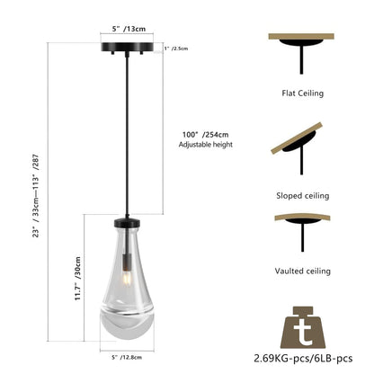 Raindrop Pendant Light – Hand-Blown Clear Glass Shade & Brass/Black Rod | Kitchen Island, Dining Room & Entryway