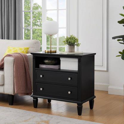 Farmhouse Nightstand with Charging Station | 2 Drawers & Open Shelf | Fluted Side Table with Solid Wood Legs