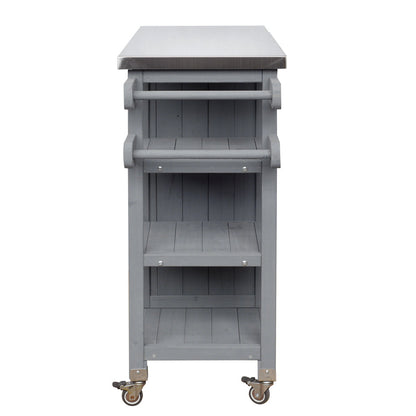Foldable Outdoor Kitchen Island with Stainless Steel Top | Rolling Cart with Storage Cabinet, Open Shelves & Towel Rack — Grey