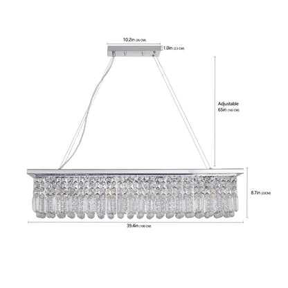 39.4" Rectangle Crystal Raindrop Chandelier | 8-Light Modern Pendant for Dining Room & Kitchen Island — Chrome or Gold, E12