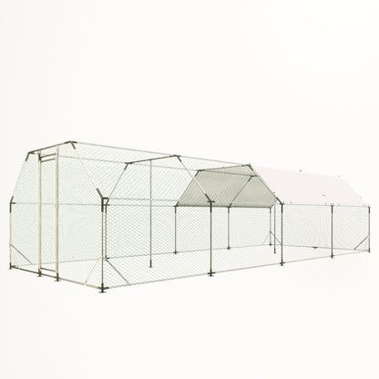 9.94×25.68 FT Large Walk-In Chicken Coop | Galvanized Steel Poultry Run with UV Waterproof Tarp & Lockable Doors — Hen House & Farm Pen