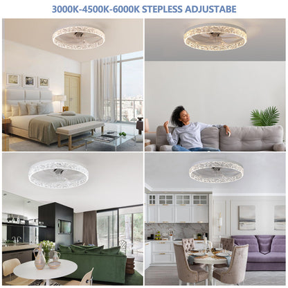20" Flush Mount Ceiling Fan with LED Light – Crystal Ring Design, Remote Control & Dimmable 3CCT | Bedroom & Living Room