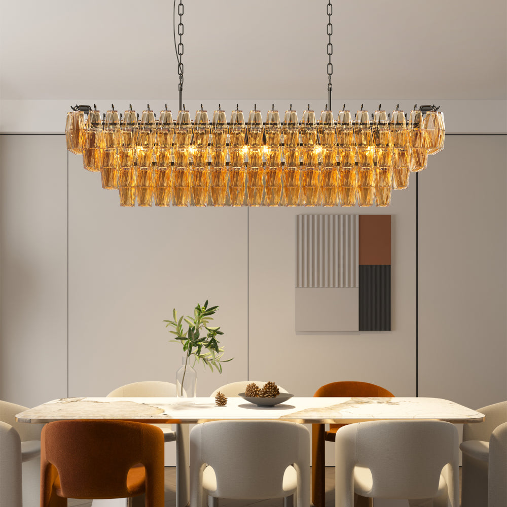 Tiered Smoke Glass Chandelier | 14-Light Round or 12-Light Rectangular, Brushed Black or Gold Metal Frame — 37" or 54", Dimmable