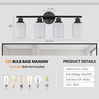 Vanity Light Fixture | 4/5/6/8-Light Bathroom Wall Sconce with Frosted White Glass & Iron Frame — Black, Chrome or Gold, 4 Sizes