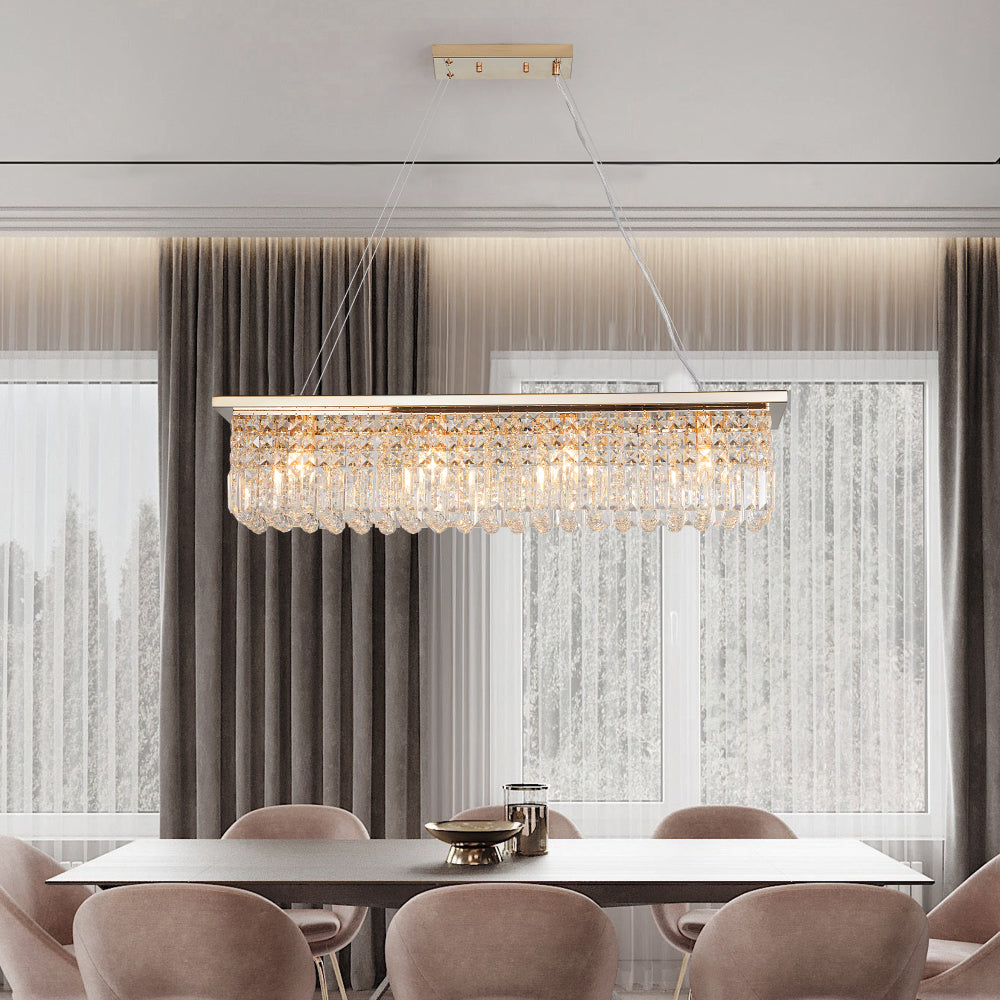 39.4" Rectangle Crystal Raindrop Chandelier | 8-Light Modern Pendant for Dining Room & Kitchen Island — Chrome or Gold, E12