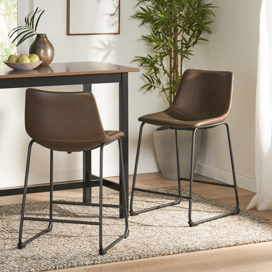 24" Vintage Brown Counter Stools with Wide Seat & Low Footrail | Set of 2 Upholstered Stools with Black Iron Frame