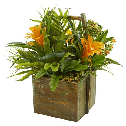 Bromeliad & Mixed Greens Artificial Arrangement in Planter