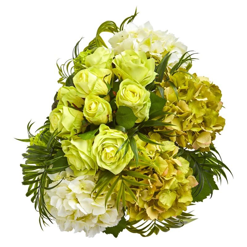 Roses and Hydrangea Artificial Arrangement in Metal Planter