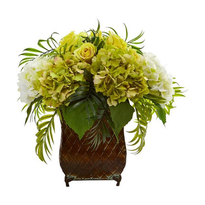 Roses and Hydrangea Artificial Arrangement in Metal Planter