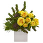 14" Rose & Succulent Artificial Arrangement in White Vase
