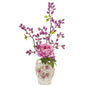 25" Peony and Thistle Artificial Arrangement in Flower Print Jar