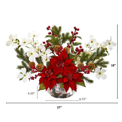 Poinsettia, Dogwood, Berry and Pine Artificial Arrangement in Silver Vase