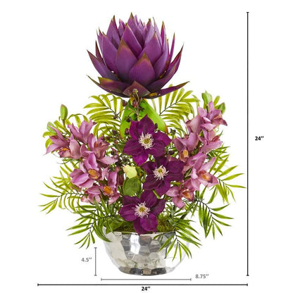 24" Cymbidium Orchid and Mixed Floral Artificial Arrangement in Silver Vase