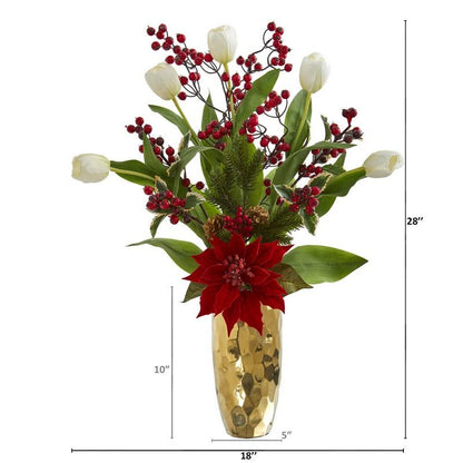 28" Tulip, Poinsettia and Berry Artificial Arrangement in Golden Vase
