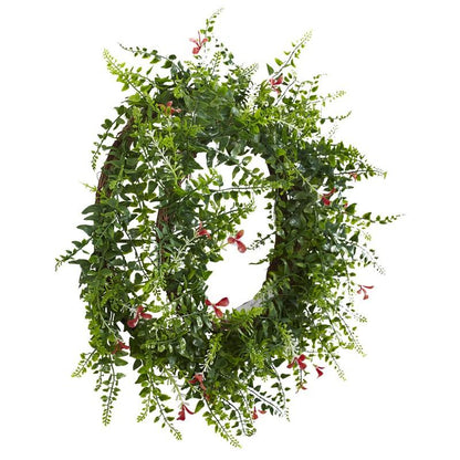 18" Floral & Fern Double Ring Wreath w/Twig Base