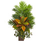 32" Areca Palm and Croton Artificial Plant in Weathered Vase