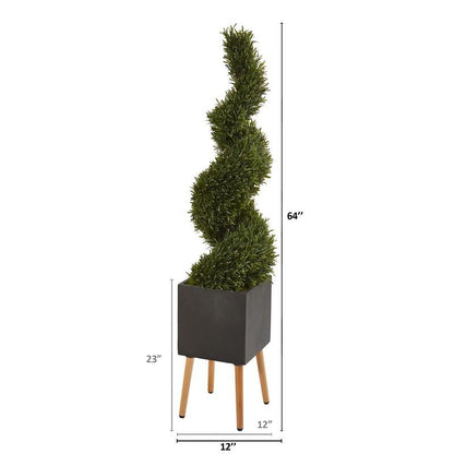 64" Rosemary Spiral Topiary Artificial Tree in Black Planter with Stand (Indoor/Outdoor)