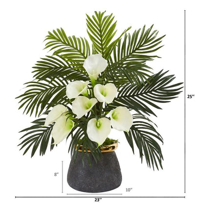 Calla Lilly and Areca Palm Artificial Arrangement in Stoneware Vase